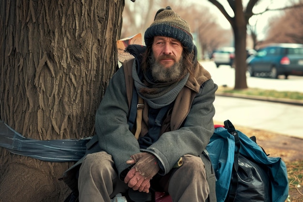 a homeless man on a city street A Lonely Homeless Man