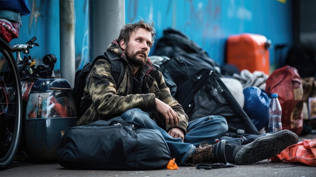 Foto un senzatetto in una strada della città