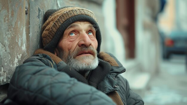 a homeless man in dirty clothes sits on the street