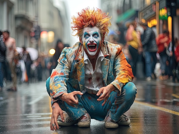 Фото Бездомный мужчина, одетый с рисованным лицом клоуна, сидит на улице.