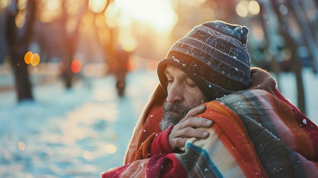 A homeless man is sitting on a park bench his head in his hands He is wearing a tattered coat and a beanie and his eyes are closed