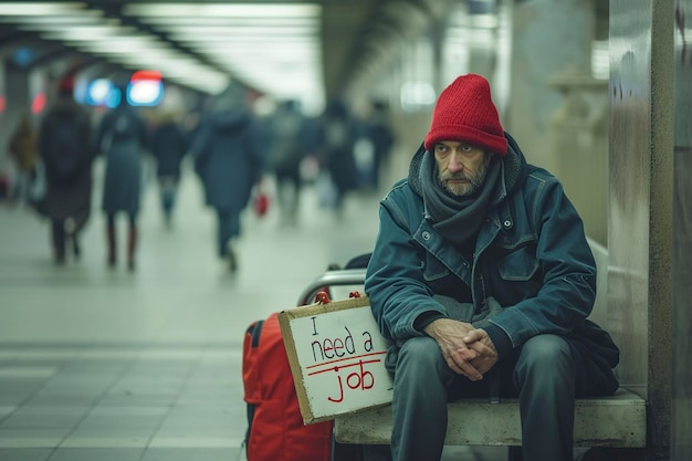 写真 街でホームレスの男性が私は仕事が必要だという看板を持っています