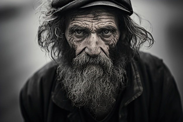 homeless man posing sad and serious at the camera