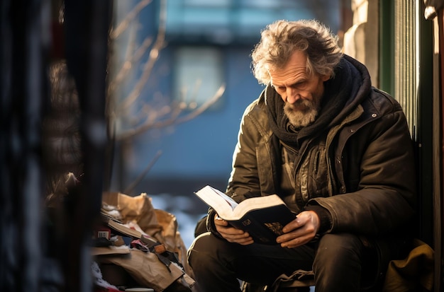 Photo homeless man reading book