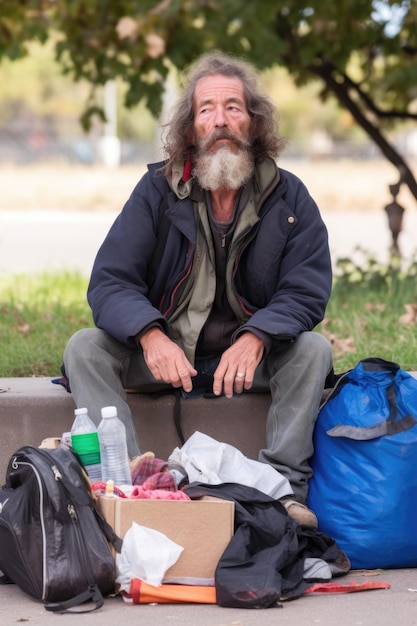 Homeless man sitting on a box next to a bag of belongings created with generative ai