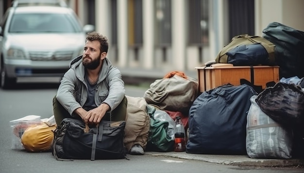Фото Бездомный сидит на улице с кучей мусора и несчастен