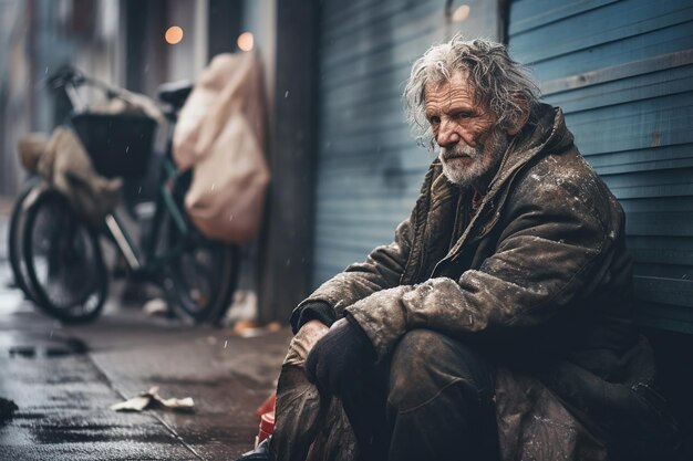 бездомный человек сидит на тротуаре в городе
