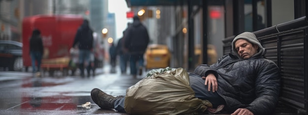 ホームレスの男が街の通りで寝ている