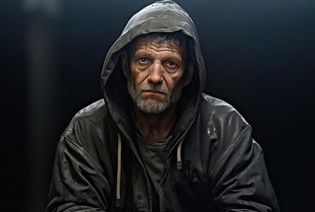 a homeless man wearing a black jacket sitting alone in the style of light gray and bronze