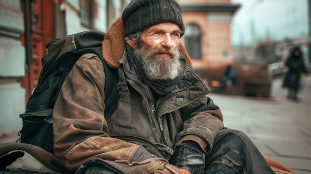 Homeless man with beard in dirty clothes sitting outside on street feeling anxious despair and tor