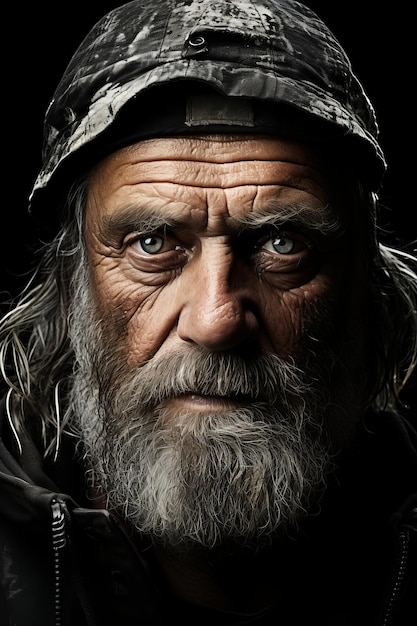 a homeless man with a beard and hat