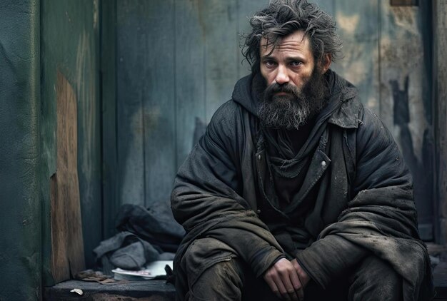 a homeless man with a beard sits on a sidewalk in the style of enigmatic characters