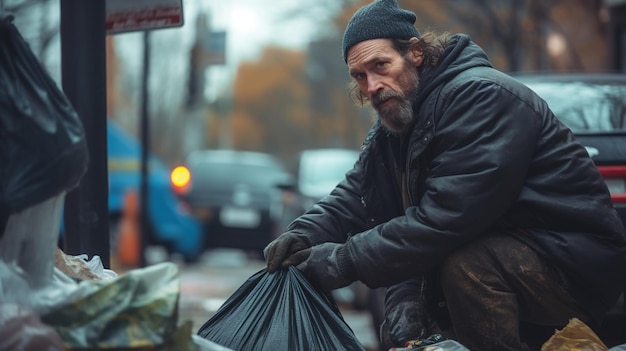 Бездомный взрослый мужчина рядом с мусорным контейнером на открытом воздухе