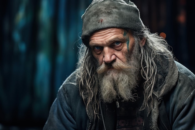 Бездомный вблизи Неухоженный бездомный длинные седые волосы борода усы в старой грязной одежде бродяга
