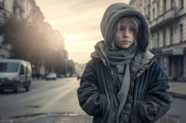 Photo homeless poor girl in dirty clothes in the street