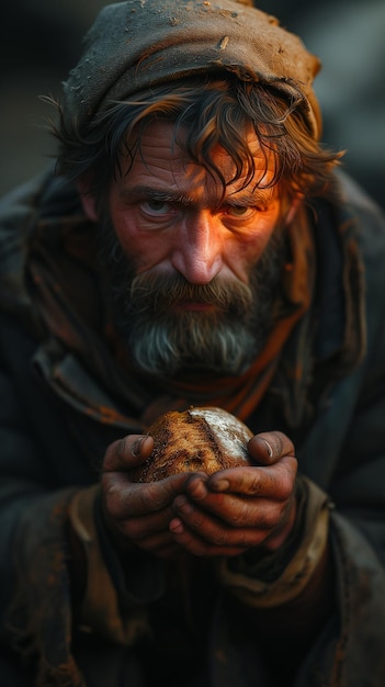 Foto un povero senzatetto con le mani sporche che tiene il pane.