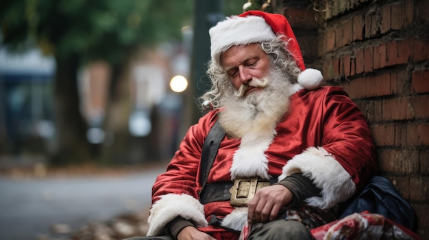 도시 거리 경제 개념에서 자고 있는 노숙자 산타 도시 거리에서 자고 있는 노숙자 산타