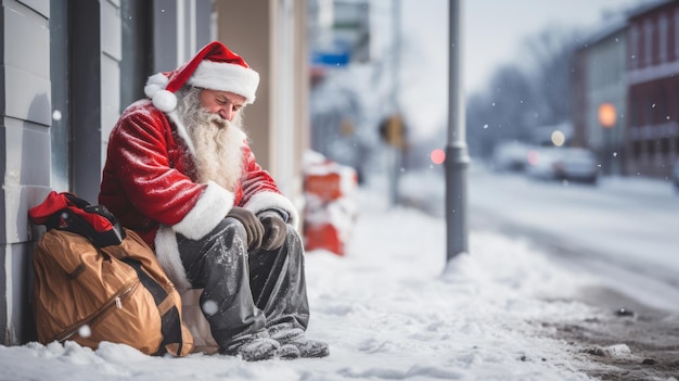 Homeless santa sleeping in city street economic concept