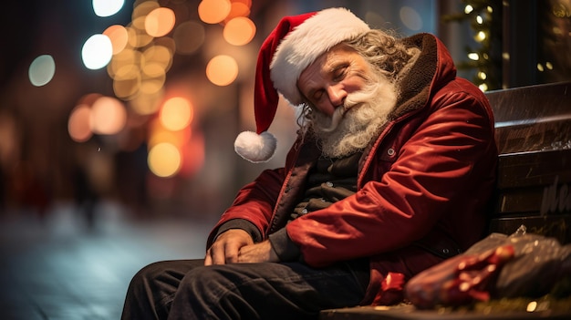 Homeless santa sleeping on park bench economic concept