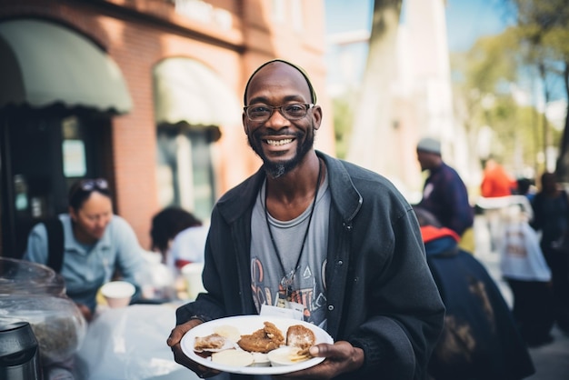 Homeless smiling African American man eating in a street canteen for the poor