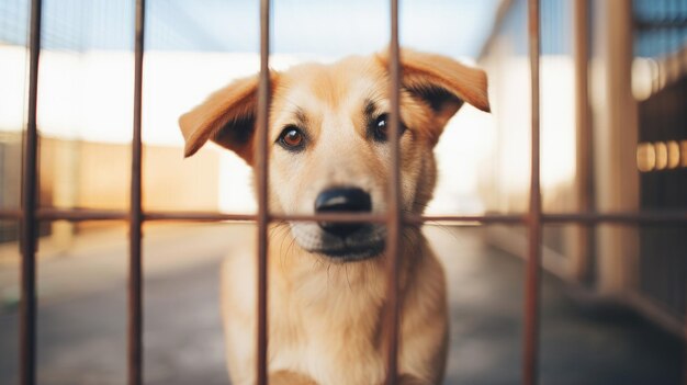 Photo homeless street puppy in a cage outdoors