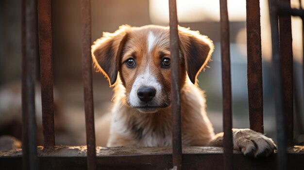 Photo homeless street puppy in a cage outdoors