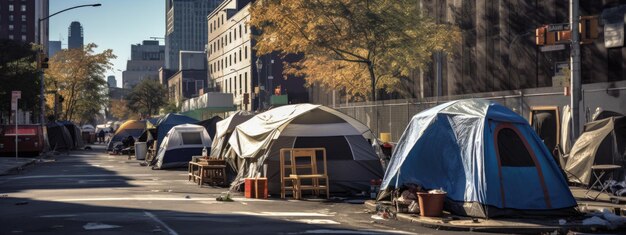 Foto un campo di tenda per senzatetto in una strada della città