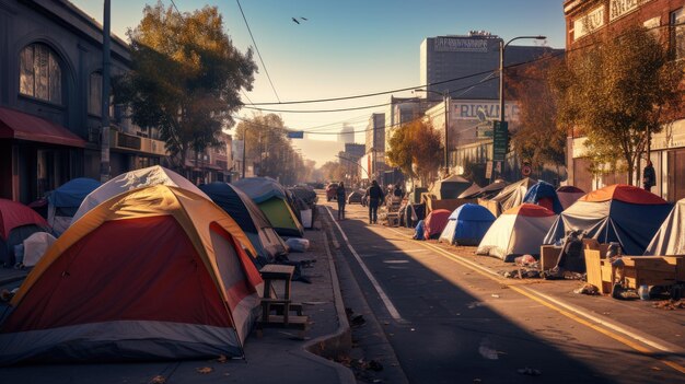 Homeless tent camp on a city street