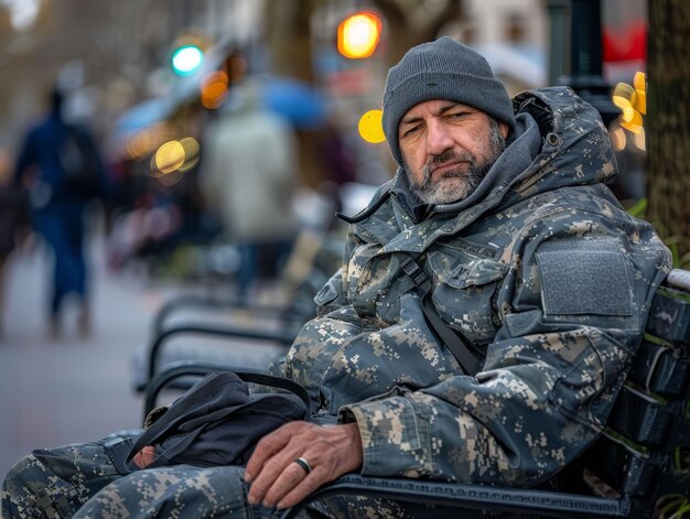 Homeless veteran on a city bench forgotten by many remembering sacrifice