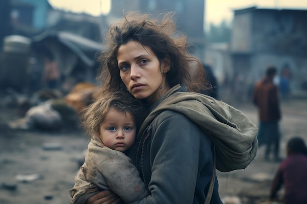 Homeless Woman and Baby in Refugee Camp