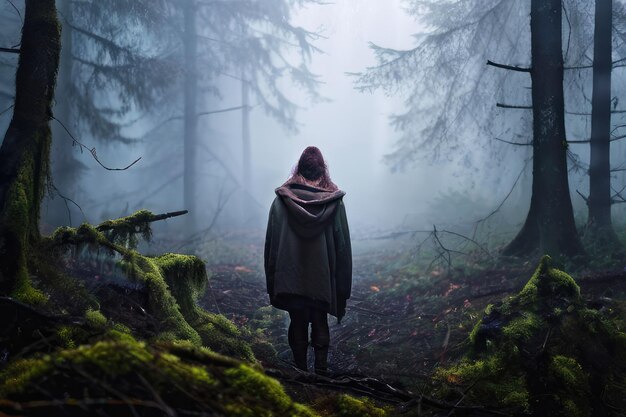 Photo homeless woman in the foggy forest