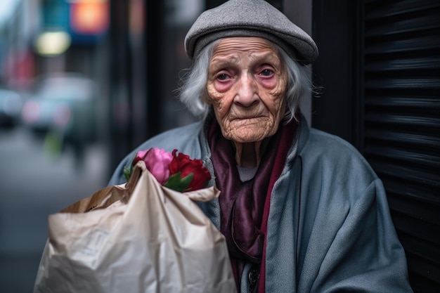 Homeless woman holding her shopping bags while in the city streets created with generative ai