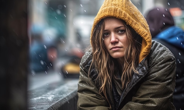 Homeless young blonde woman living in street situation