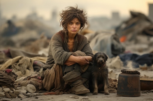 Фото Бездомная молодая женщина в грязной одежде с собакой рядом среди гор мусора