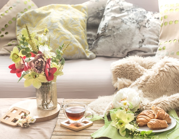 Homely cozy spring interior in the living room