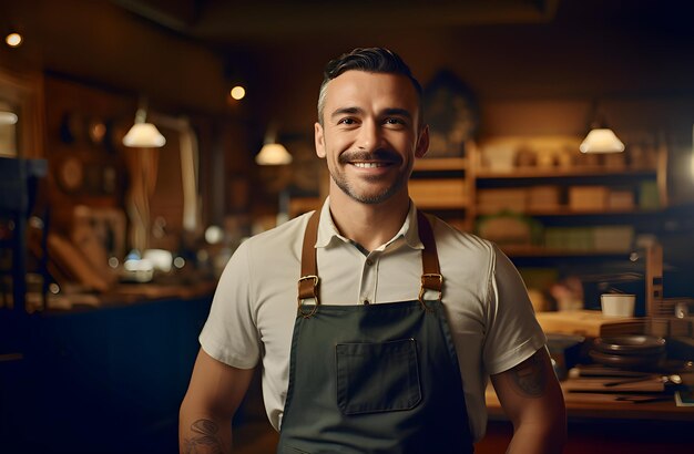 Homem bonito sorridente em seu local de trabalho