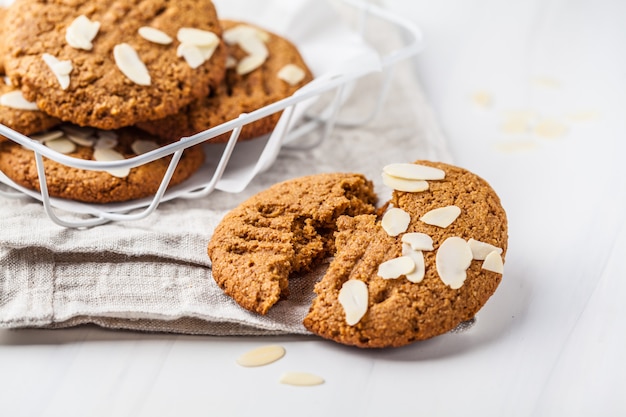 Homemade almond cookies on a white background.  