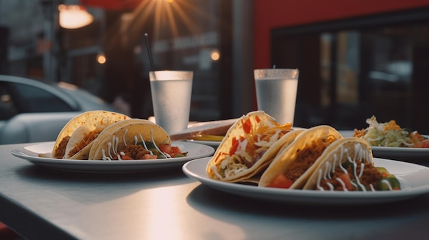 Homemade american beef tenderloin tacos with lettuce and tomato cheese on a plate in a cafe