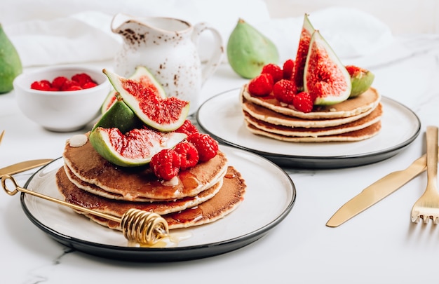 Homemade American pancakes with almond flakes