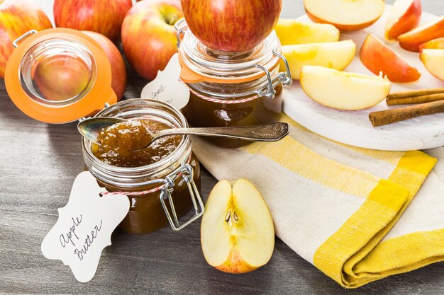 Homemade apple butter prepared from organic apples.