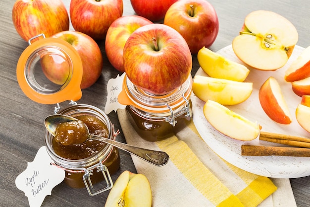 Homemade apple butter prepared from organic apples.