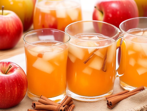 Homemade apple cider with cinnamon sticks and apple slices served in two glasses