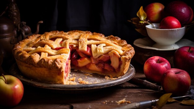 Homemade apple pie baked with fresh fruit and rustic past