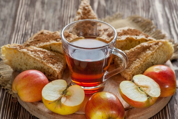 Homemade apple pie and cup of tea