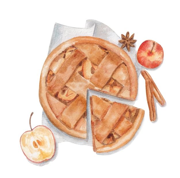 Illustrazione disegnata a mano dell'acquerello della torta di mele fatta in casa isolata su bianco con il percorso di ritaglio