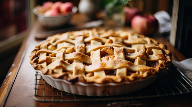 Photo a homemade apple pie with a beautiful lattice crust