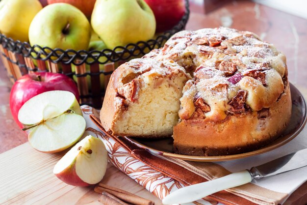 Homemade apple pie with cinnamon on the plate