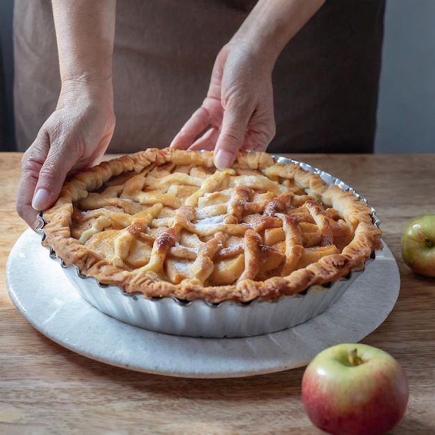 Homemade apple Pie with fresh apples on white kitchen table top view flat lay Thanksgiving tradit