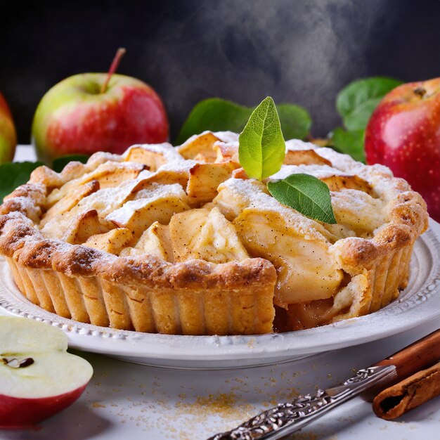 Homemade apple Pie with fresh apples on white kitchen table top view flat lay Thanksgiving tradit