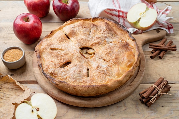 Homemade apple pie with fresh red apples